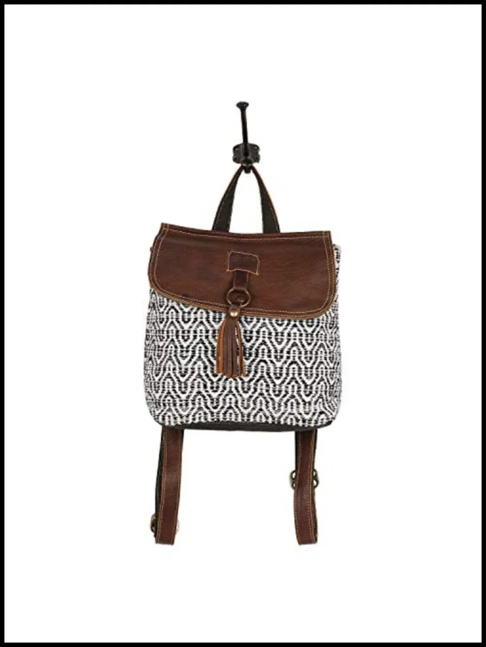 Canvas Geometric Boho Hobo Bag with Buffalo Leather Strap